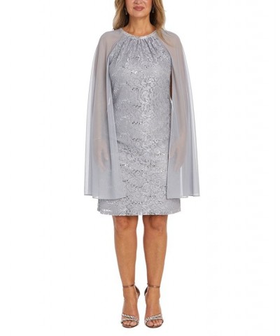 Women's Sequinned Lace Dress With Chiffon Cape Silver $51.60 Dresses